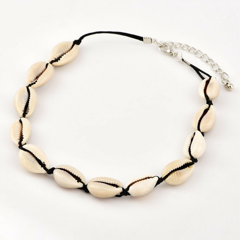 Boho Sea Shell Choker Beige Black Rope - Picture 2 of 6